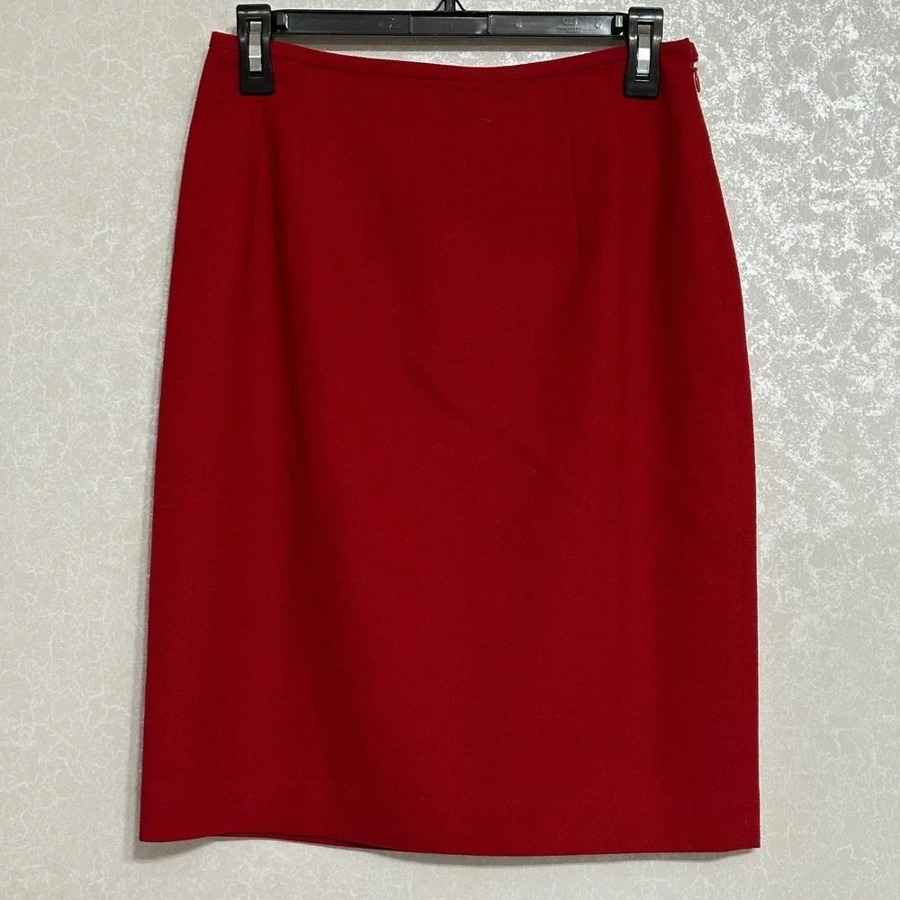 Linda Allard Ellen Tracy Pencil Skirt 100% Pure Wool Classic Red Minimalist Sz 8